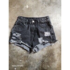 Shein Womens Shorts Black Distressed Denim Back size M Dark Wash Cotton Blend